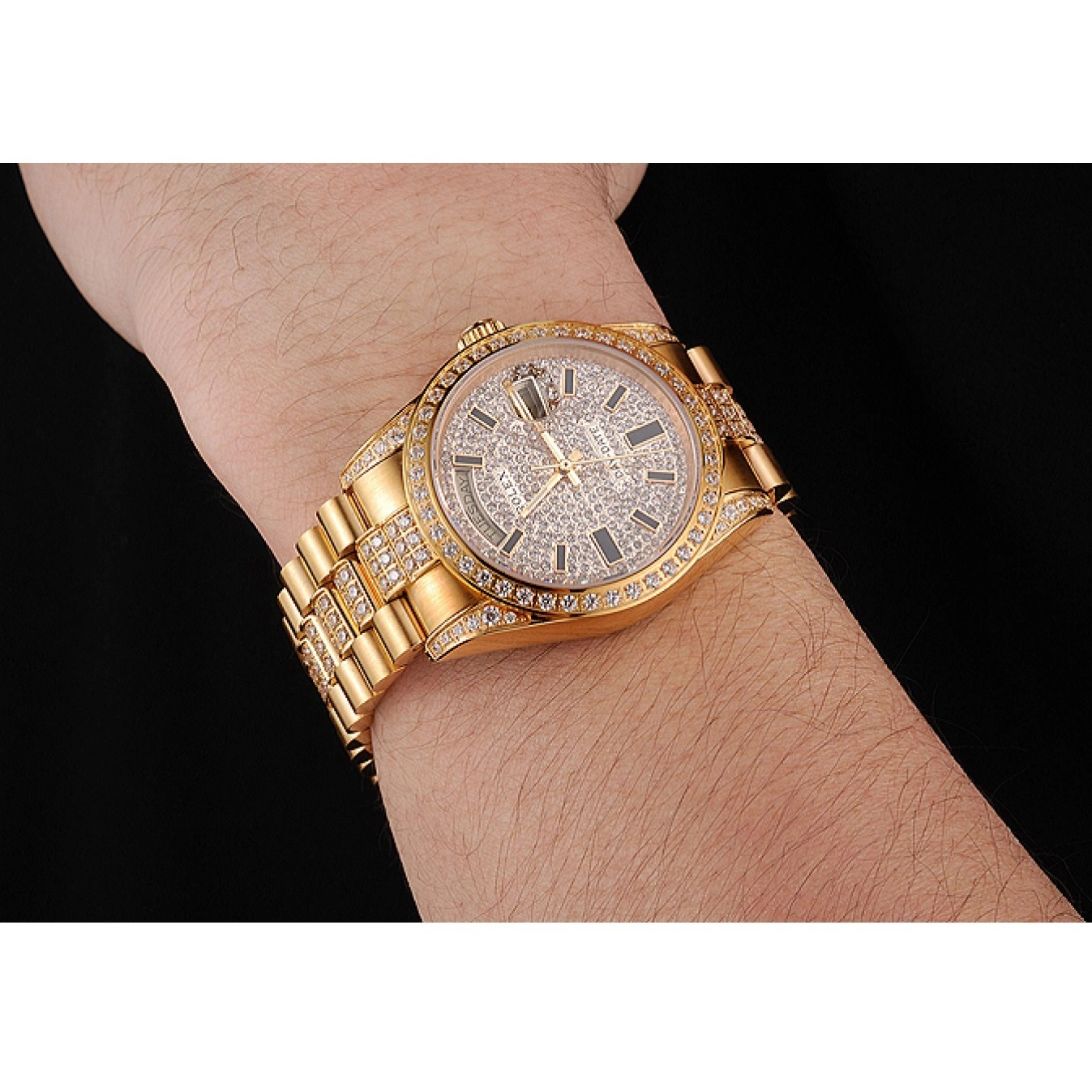 Aaa replica watch Gold Swiss Rolex Day Pave Yellow Date Diamond 0825